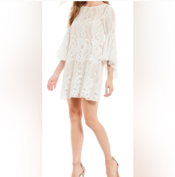 Badgley Mischka Soft White Sheer Lace Mini Dress With Nude Dress Slip - Picture 2 of 8